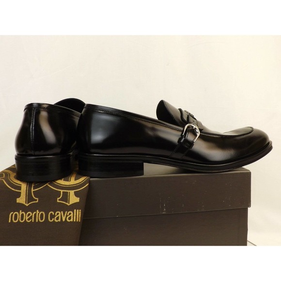 NIB ROBERTO CAVALLI BLACK LEATHER BELTED BUCKLE LOGO LOAFERS 41 US 8 ITALY main image 7